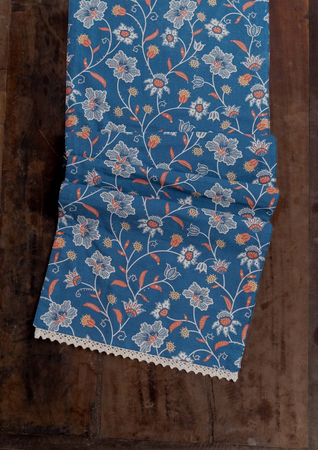 Leher 100% Cotton Gold printed Indigo & Red Table Runner | SHOBITAM
