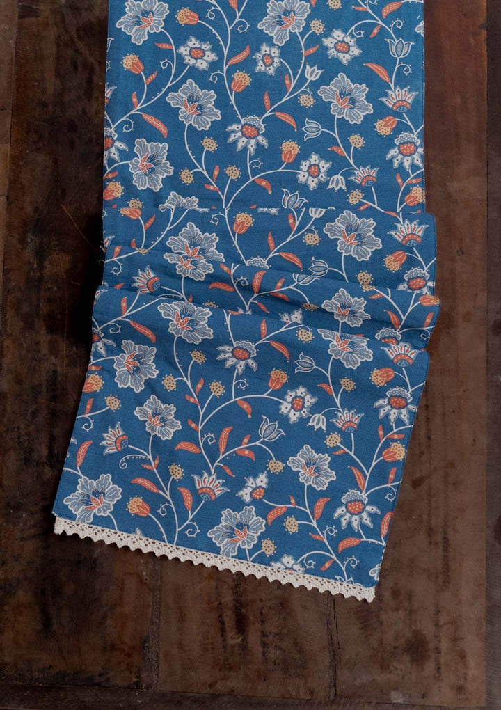 Leher 100% Cotton Gold printed Indigo & Red Table Runner | SHOBITAM