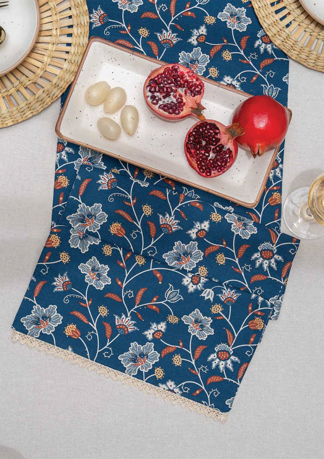 Leher 100% Cotton Gold printed Indigo & Red Table Runner | SHOBITAM