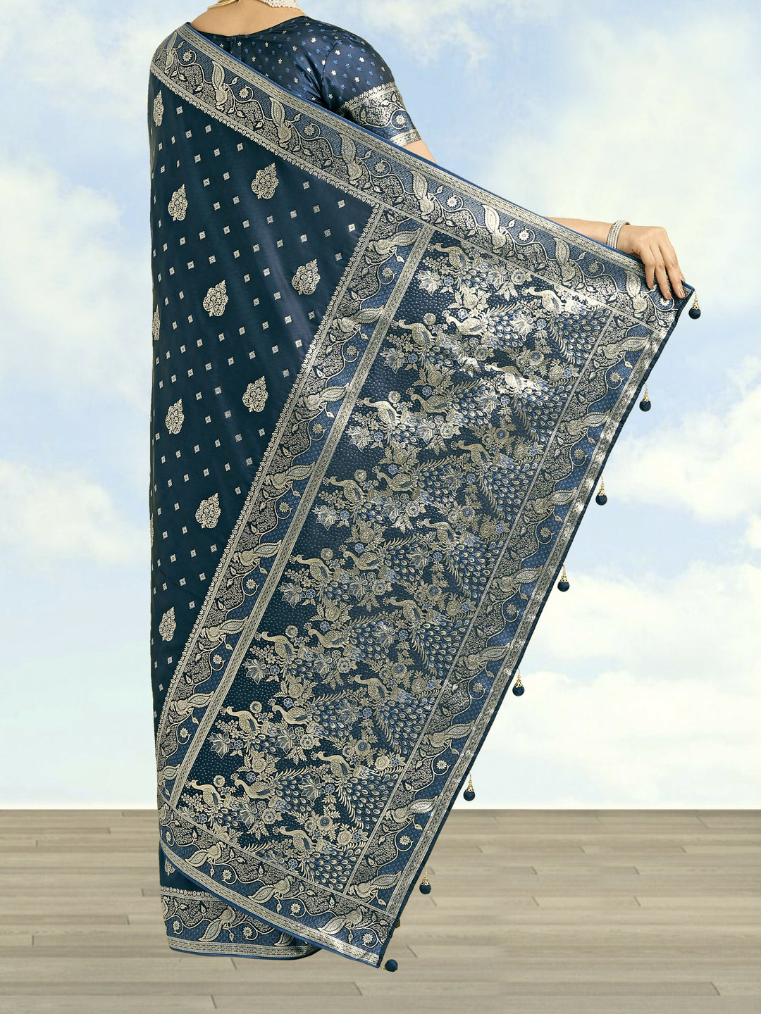 Aqua blue Woven Banarasi Satin Silk Saree | SHOBITAM