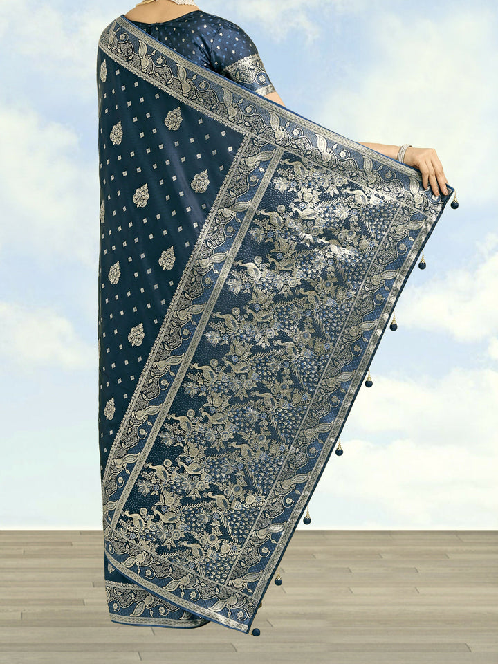 Aqua blue Woven Banarasi Satin Silk Saree | SHOBITAM