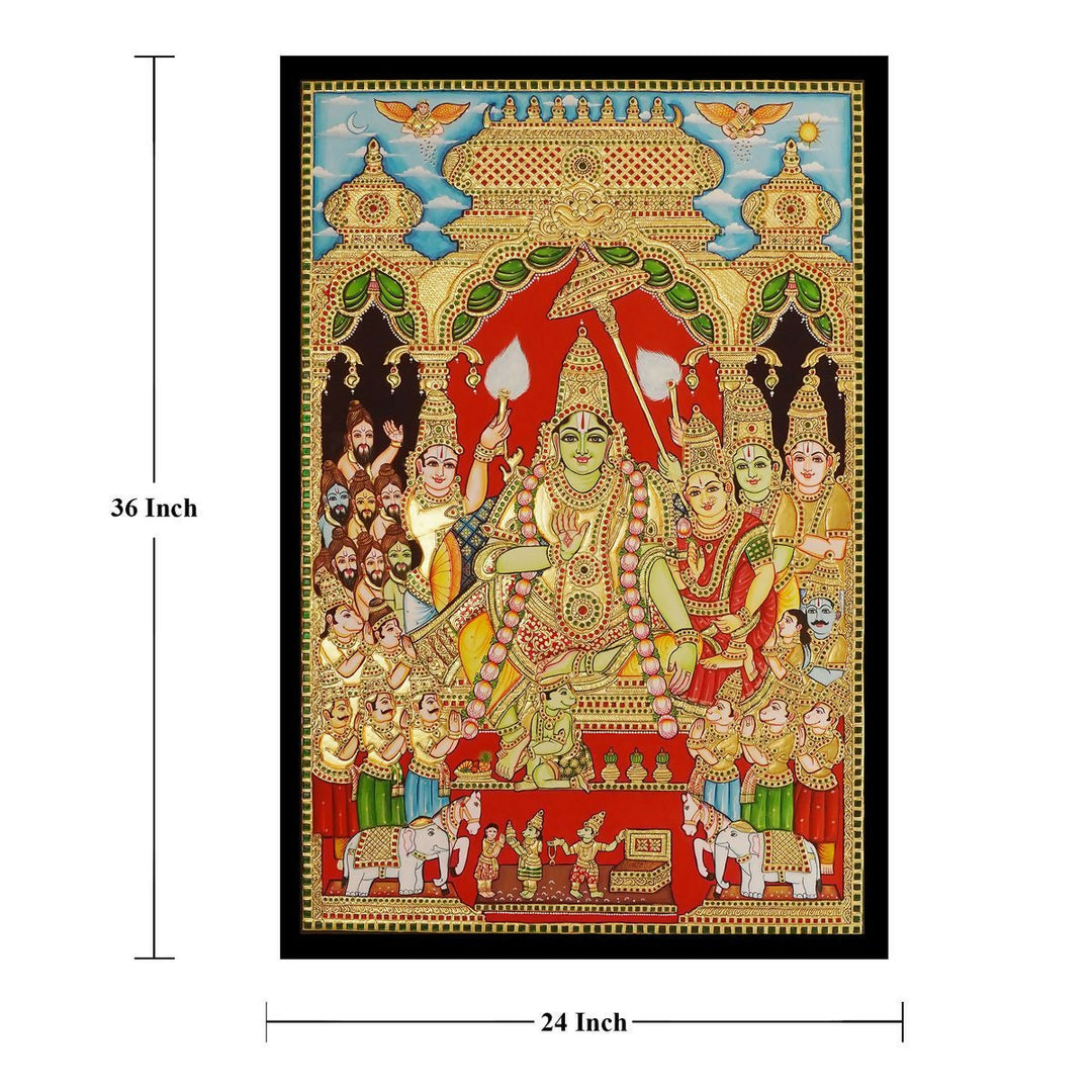 36*24" Ramar Pattabhishegam Tanjore Painting Authentic with 22 Ct Gold Foil and Jaipur Gemstones, Unframed | SHOBITAM