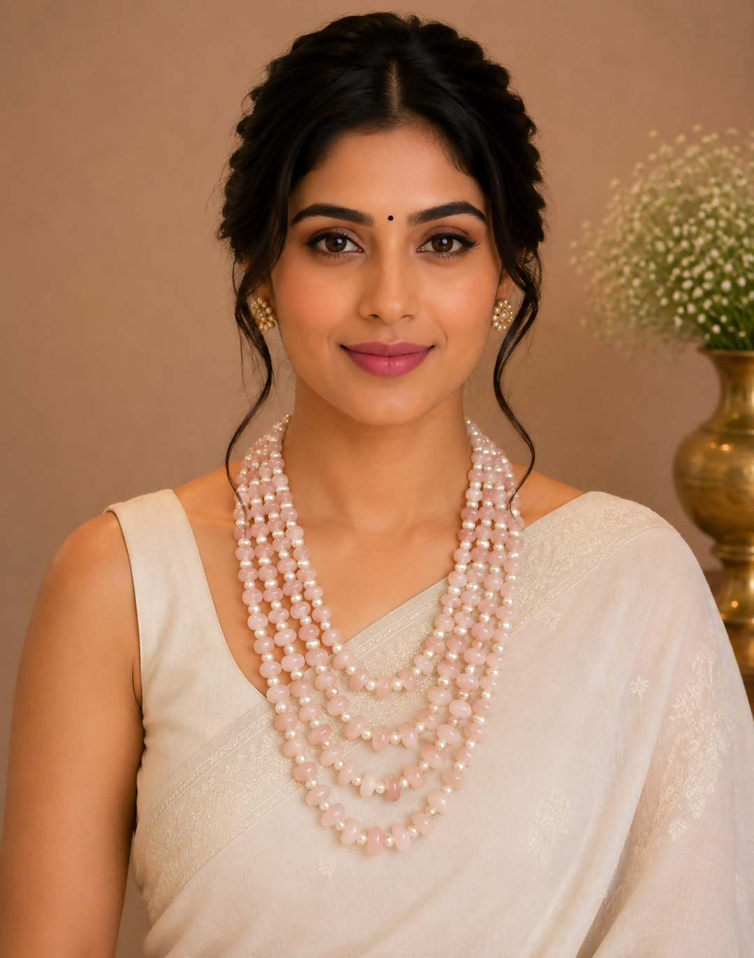 Seraphina 4-Strand Rose Quartz and Freshwater Pearl Layered Mala | SHOBITAM