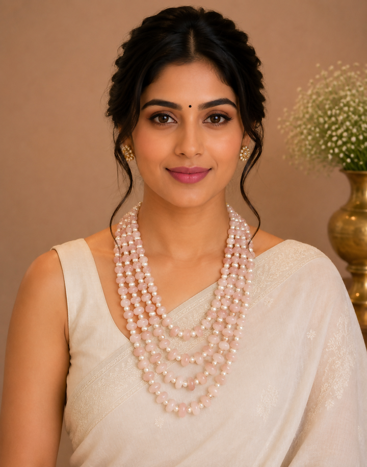 Seraphina 4-Strand Rose Quartz and Freshwater Pearl Layered Mala | SHOBITAM