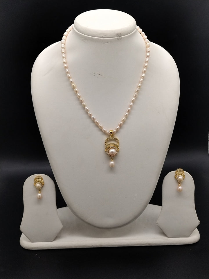 Light Pink Freshwater Pearl One Line Pendant Necklace Set  | SHOBITAM