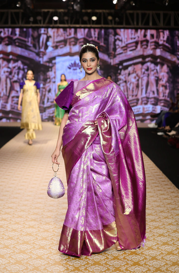 Brocade Kanjivaram Pure Silk Saree in Lilac and Purple with Peacock Leheria design | SILK MARK CERTIFIED
