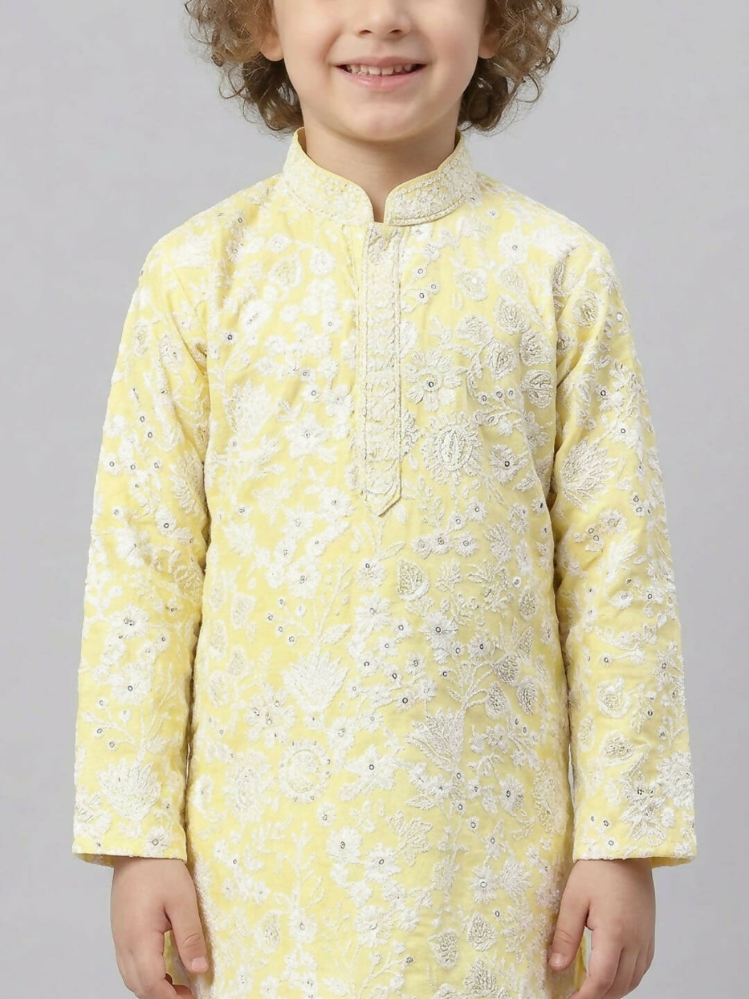 Boys Embroidered Light Yellow Kurta Pajama Set | SHOBITAM