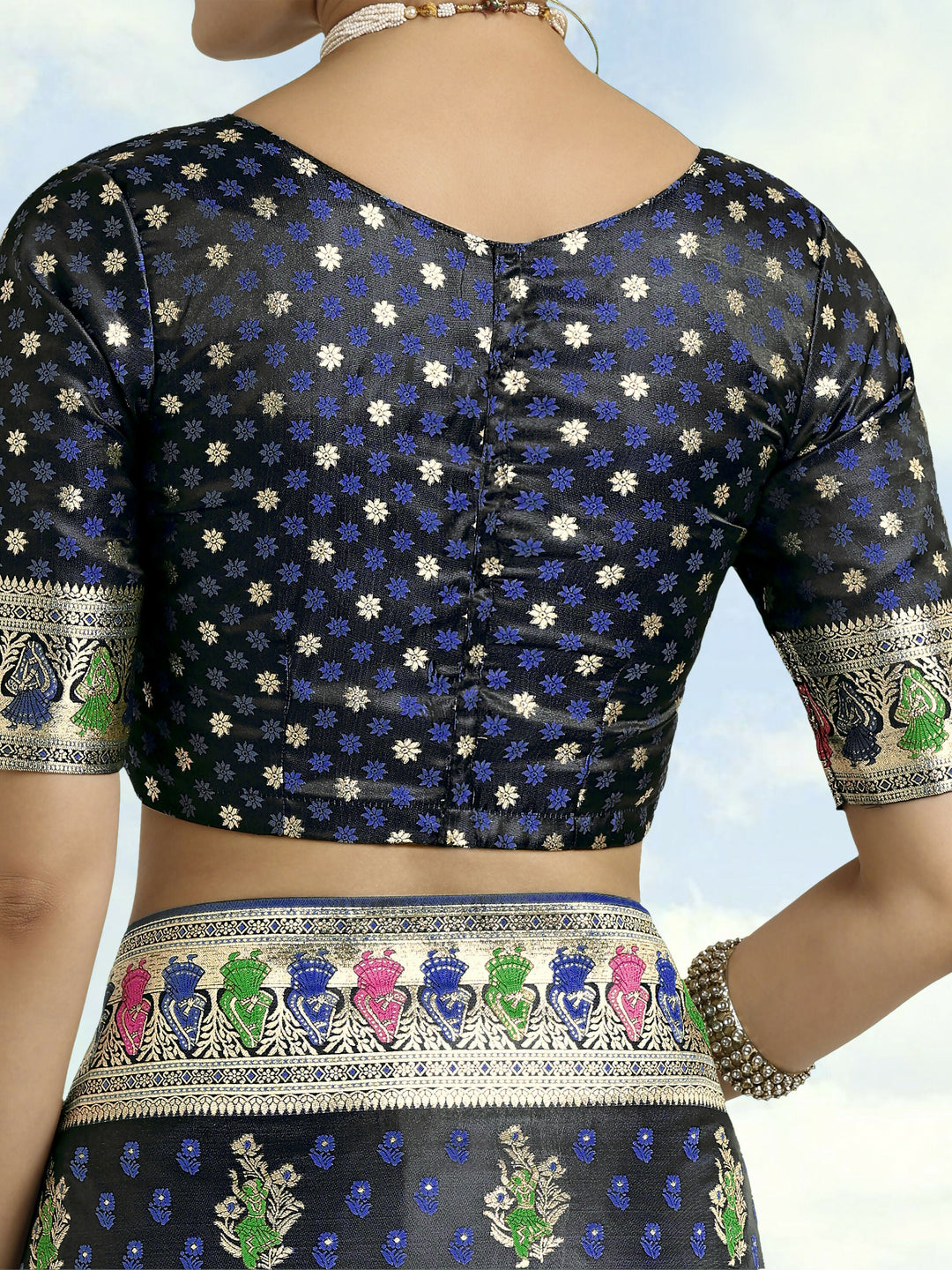 Dark blue With Gold Bordar Banarasi Satin Zari Woven Saree | SHOBITAM
