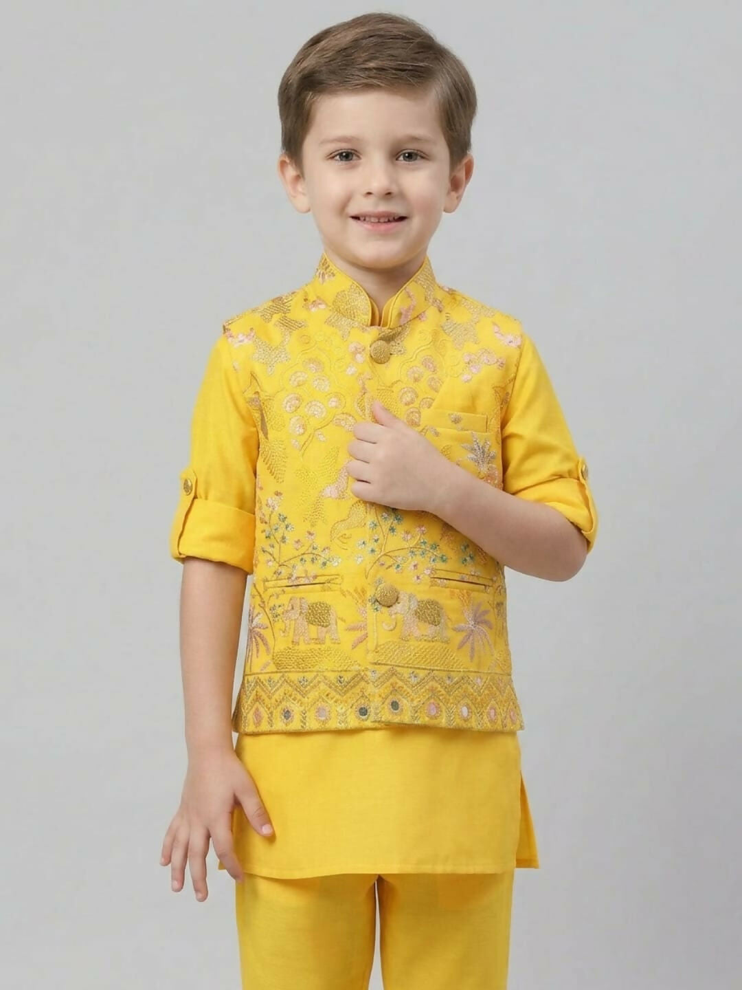 Boys Yellow Kurta Pajama Set with Embroidered Ethnic Jacket | SHOBITAM