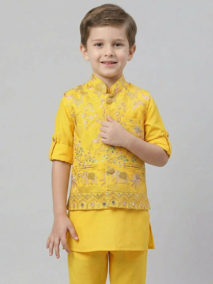 Boys Yellow Kurta Pajama Set with Embroidered Ethnic Jacket | SHOBITAM