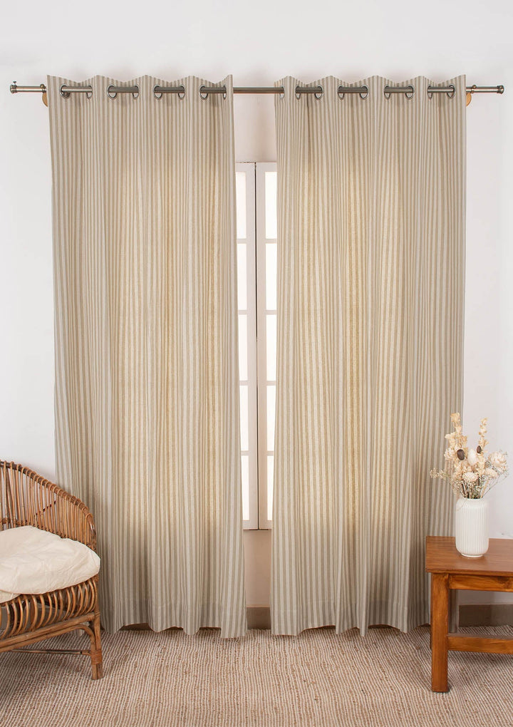 Loom 100% cotton Geometric pattern curtain for Living Room and Bedroom - Room darkening - Beige - Single Piece | SHOBITAM