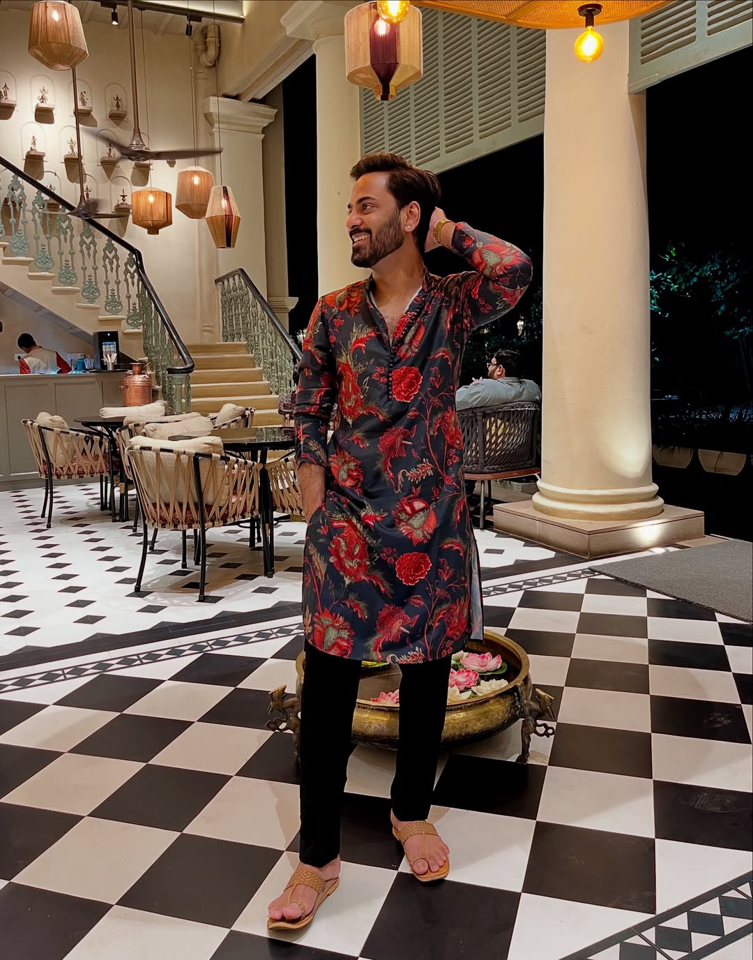 Black Silk Blend Kurta Set with Multicolor Floral Prints and Black Trousers for Festive & Wedding | SHOBITAM