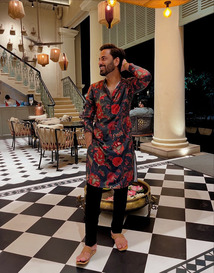 Black Silk Blend Kurta Set with Multicolor Floral Prints and Black Trousers for Festive & Wedding | SHOBITAM