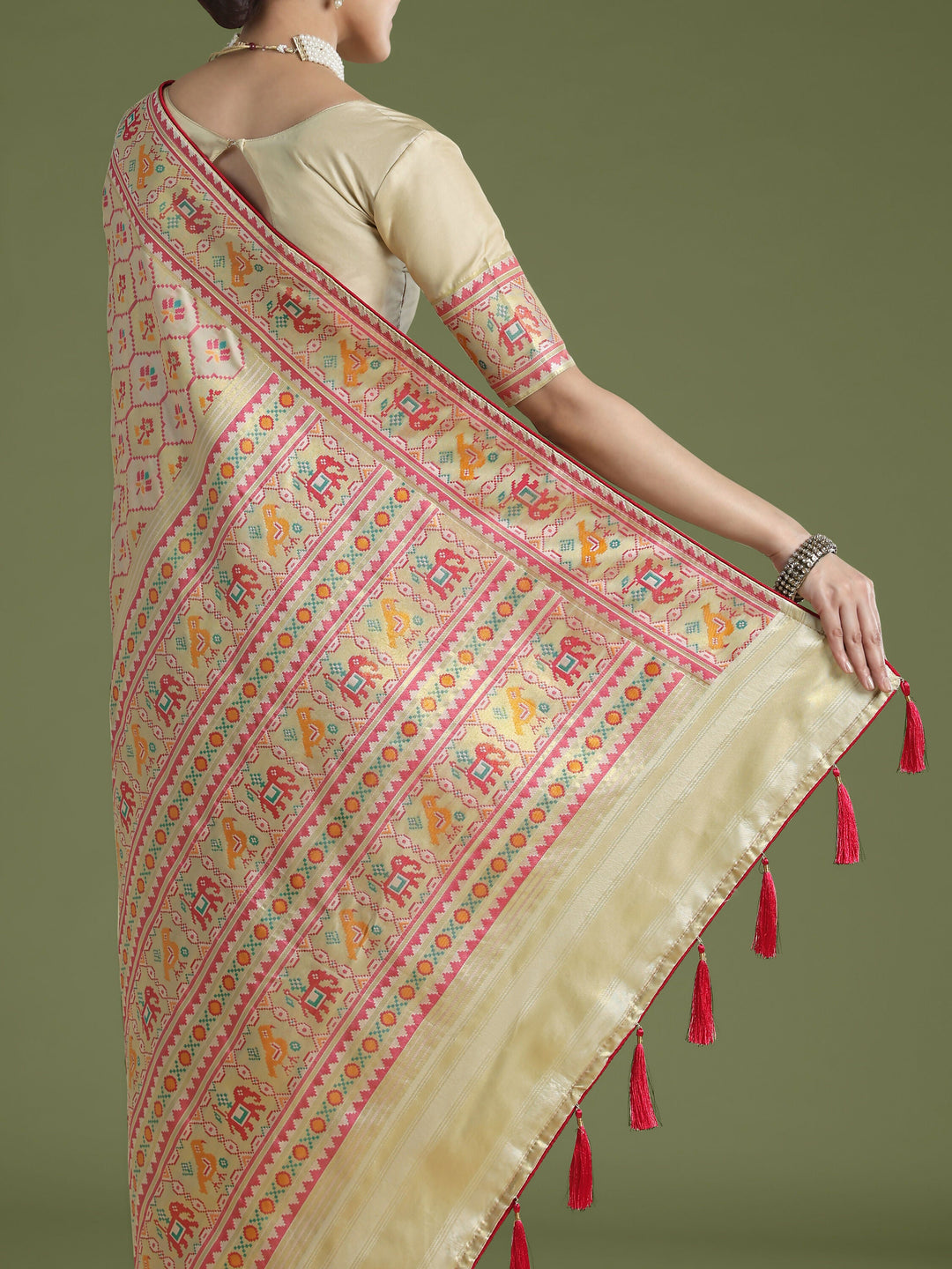 Cream Semi Banarasi Satin Silk Saree With Patola Work | SHOBITAM