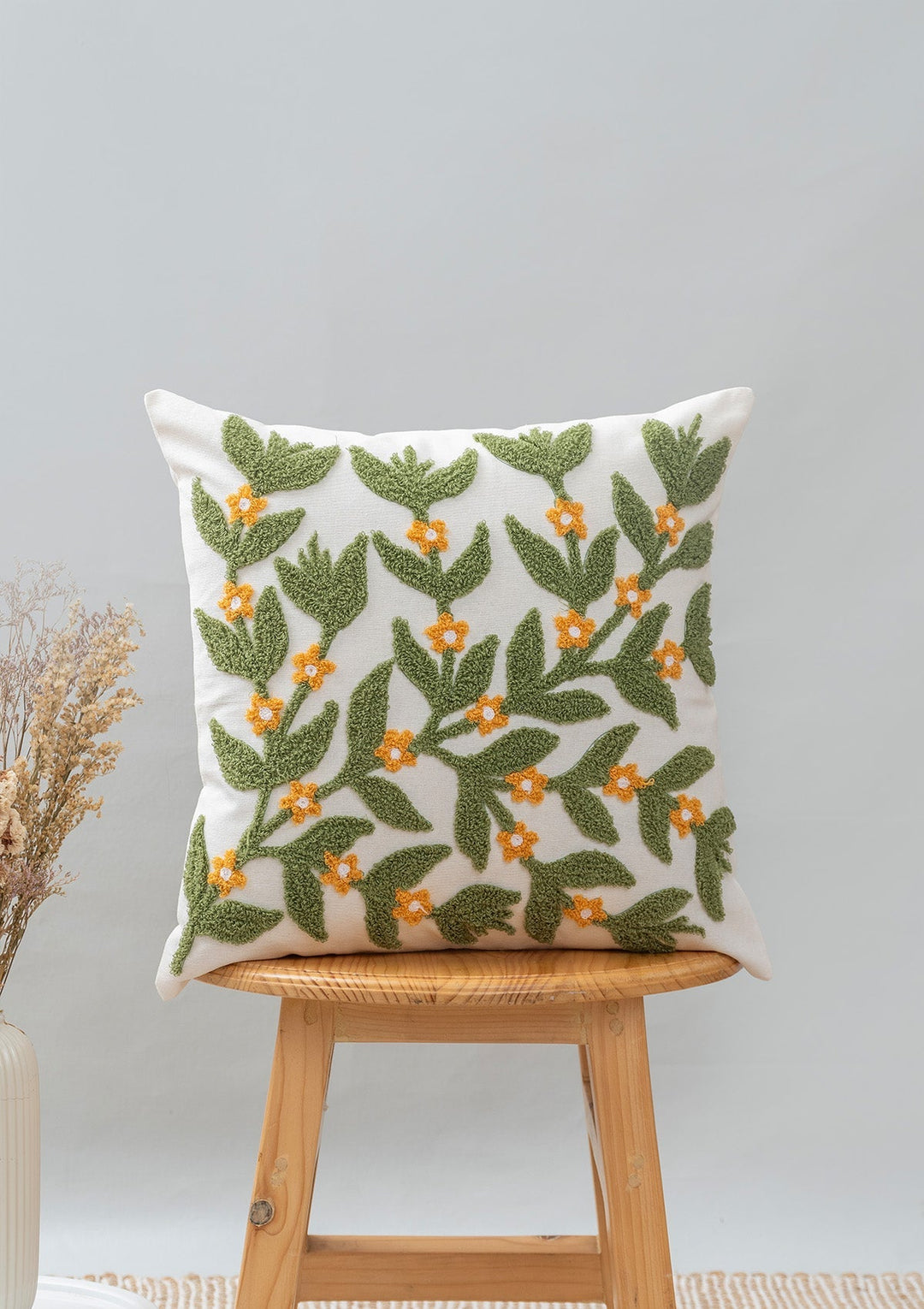 Lush Green Embroidered Floral Cushion Cover – 100% Cotton 16" x 16" | SHOBITAM