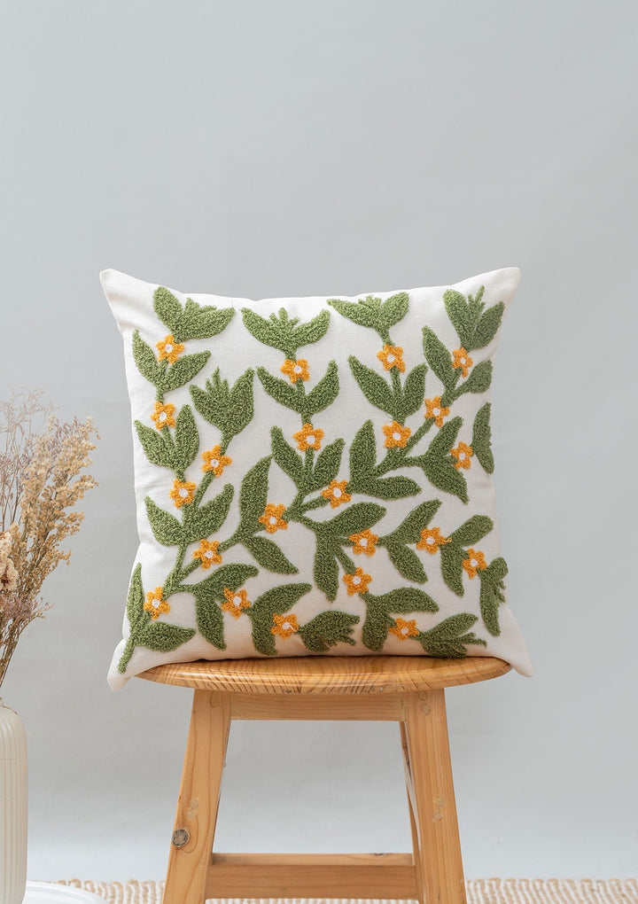 Lush Green Embroidered Floral Cushion Cover – 100% Cotton 16" x 16" | SHOBITAM