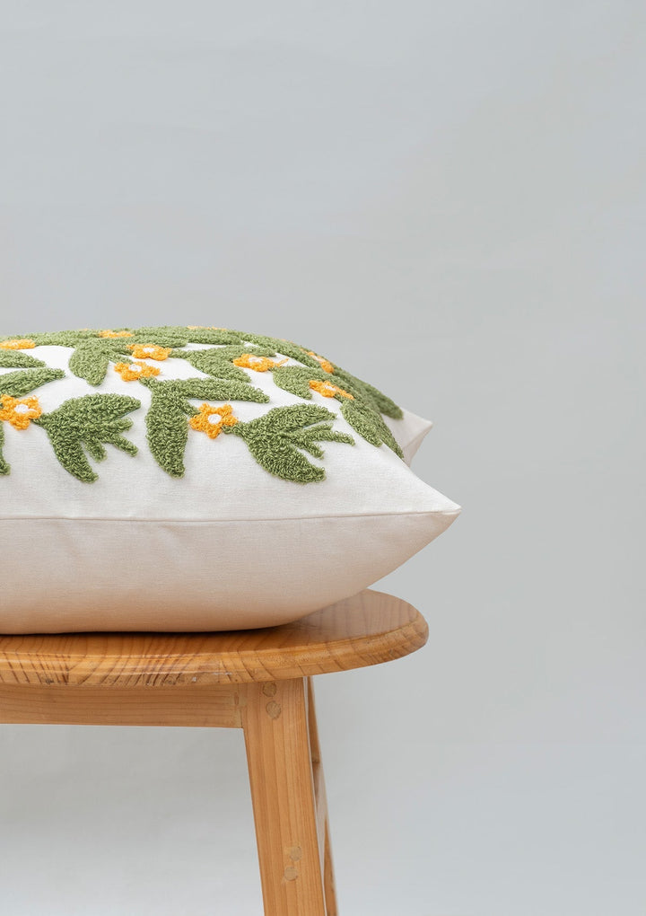 Lush Green Embroidered Floral Cushion Cover – 100% Cotton 16" x 16" | SHOBITAM