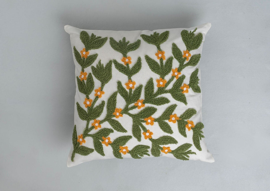 Lush Green Embroidered Floral Cushion Cover – 100% Cotton 16" x 16" | SHOBITAM