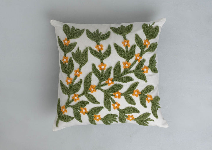 Lush Green Embroidered Floral Cushion Cover – 100% Cotton 16" x 16" | SHOBITAM