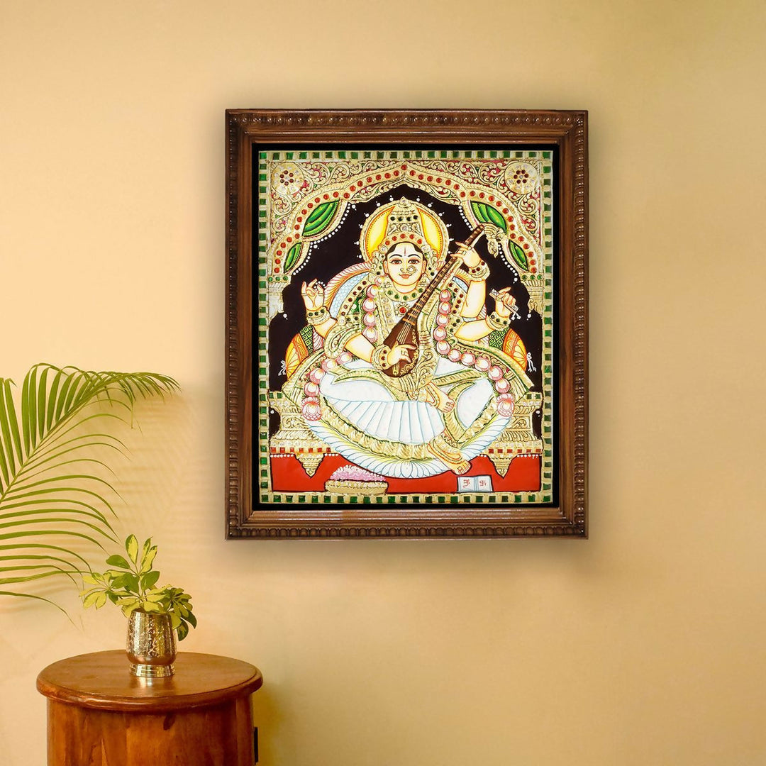 12*15 Authentic TANJORE PAINTING SARASWATHI With 22 Ct gold Foil and Jaipur Gemstones,Unframed | SHOBITAM