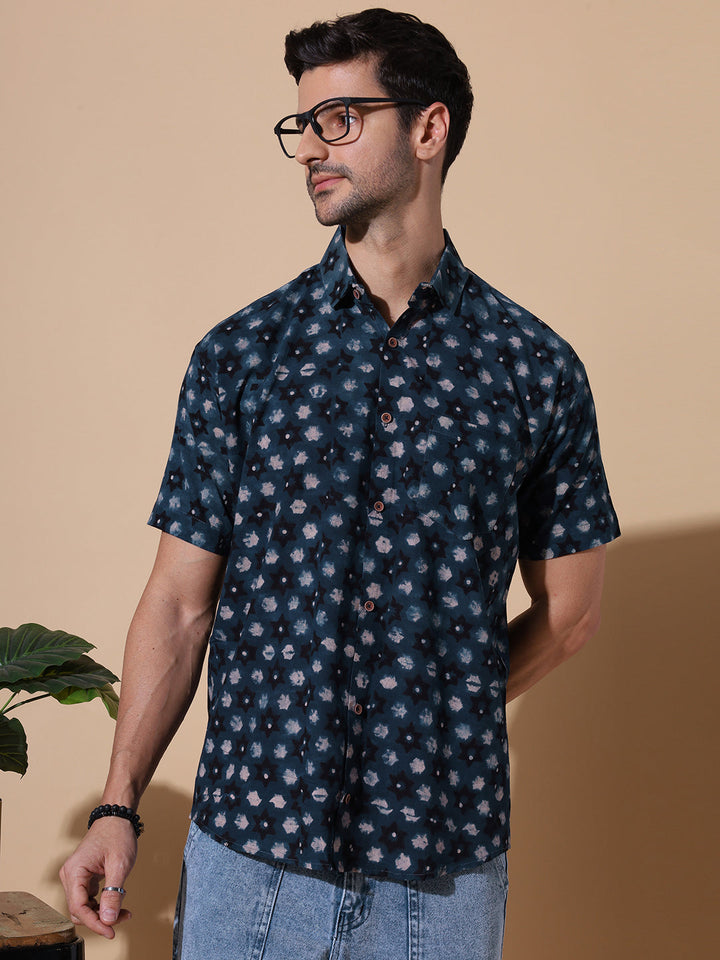 Indigo Ajrakh Classic Half Sleeve Artisan Print Shirt for Men