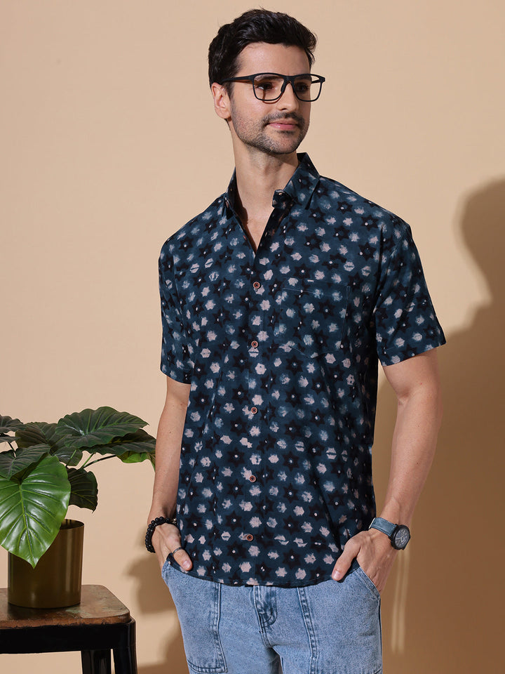 Indigo Ajrakh Classic Half Sleeve Artisan Print Shirt for Men