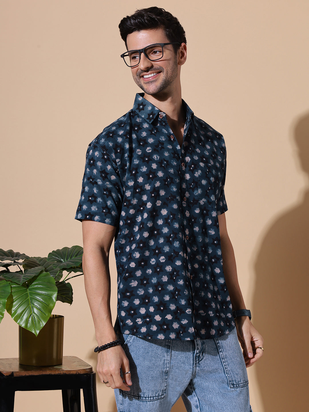 Indigo Ajrakh Classic Half Sleeve Artisan Print Shirt for Men