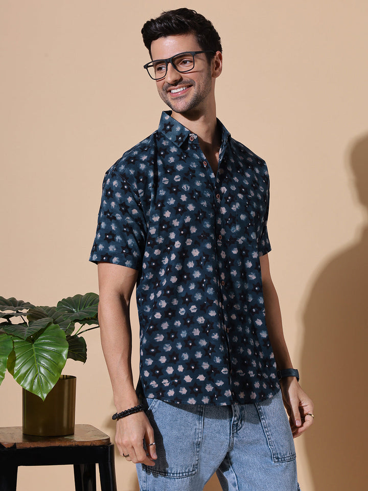Indigo Ajrakh Classic Half Sleeve Artisan Print Shirt for Men