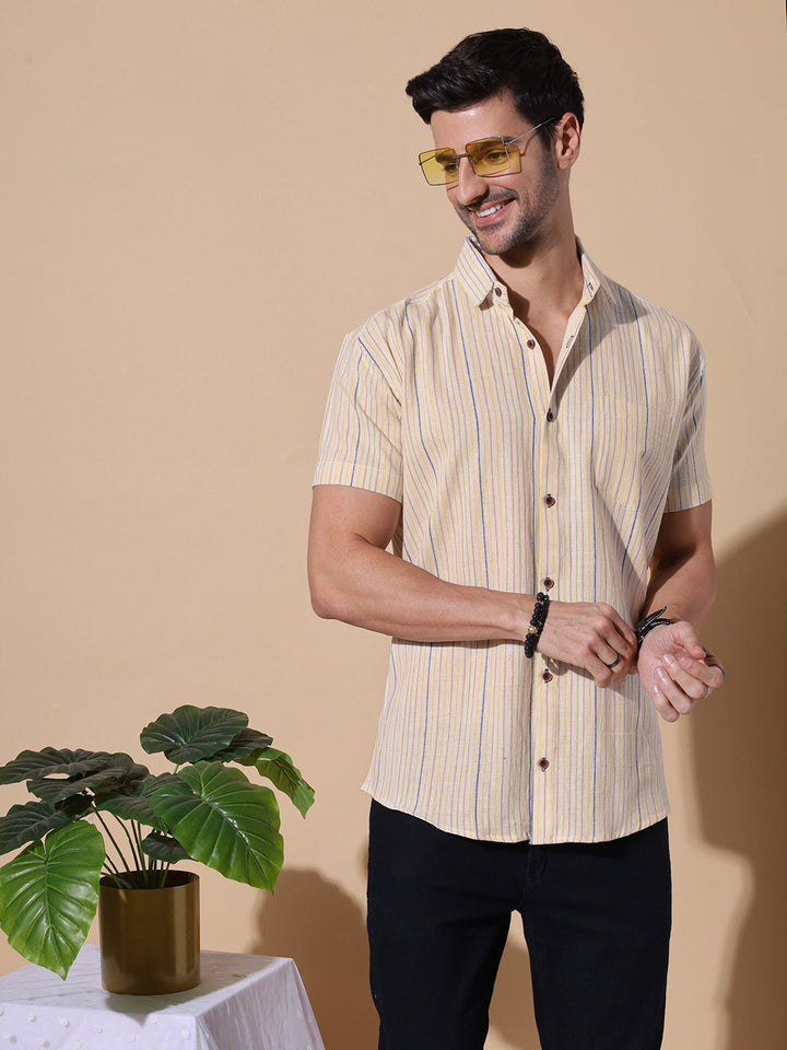 Signature Men Pure Khadi Half Sleeve Cotton Shirt in Off White