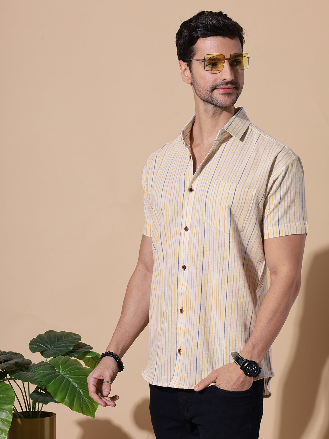 Signature Men Pure Khadi Half Sleeve Cotton Shirt in Off White