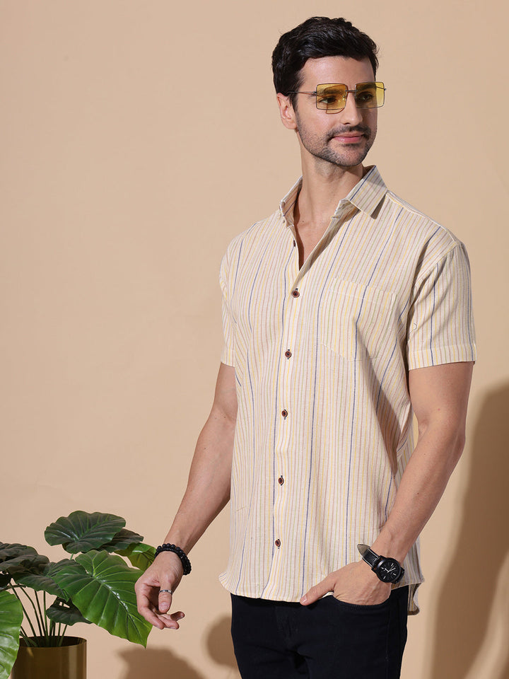 Signature Men Pure Khadi Half Sleeve Cotton Shirt in Off White
