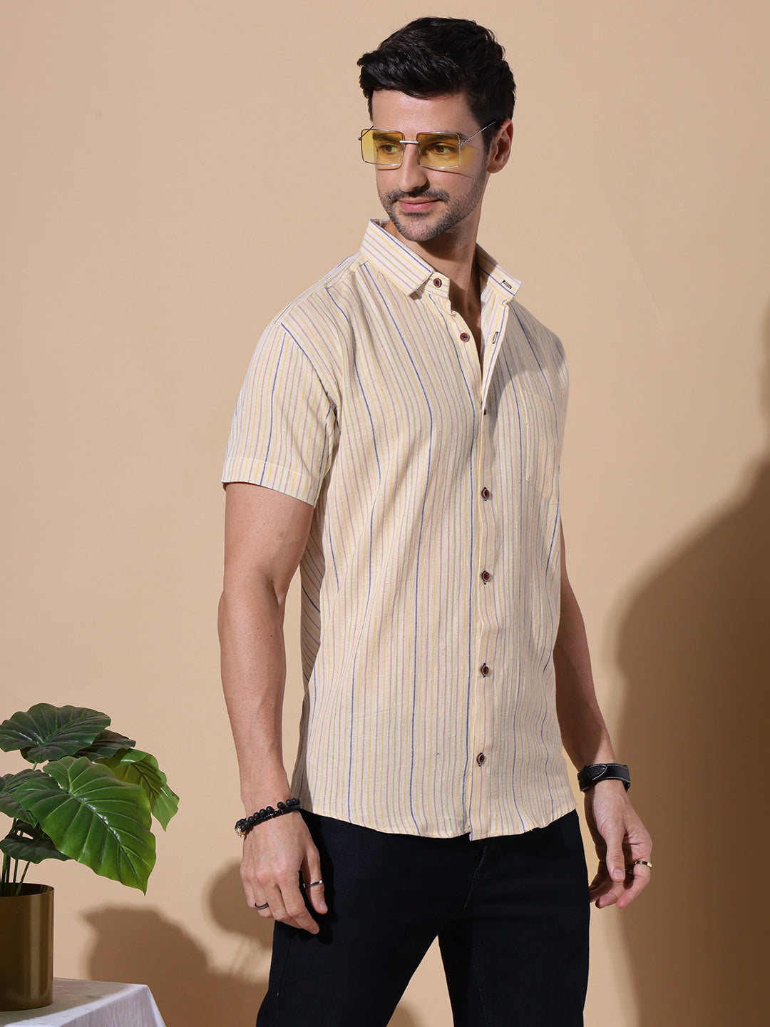 Signature Men Pure Khadi Half Sleeve Cotton Shirt in Off White