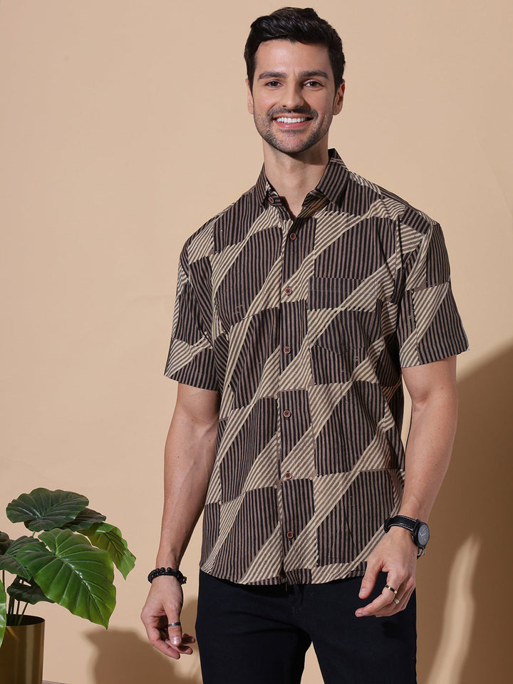 Ajrakh Artisan Half Sleeve Artisan Print Shirt in Brown for Men