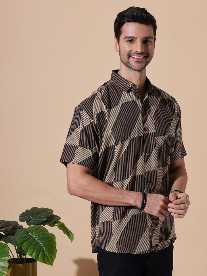 Ajrakh Artisan Half Sleeve Artisan Print Shirt in Brown for Men