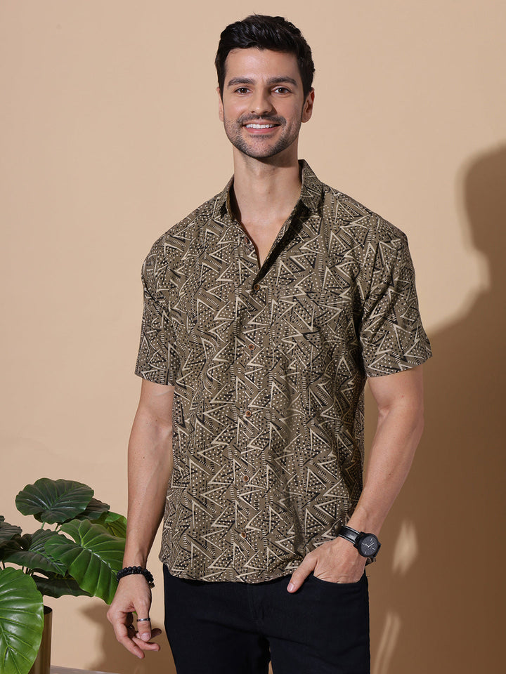 Kutch Craft Ajrakh Half Sleeve Artisan Print Shirt in Brown for Men