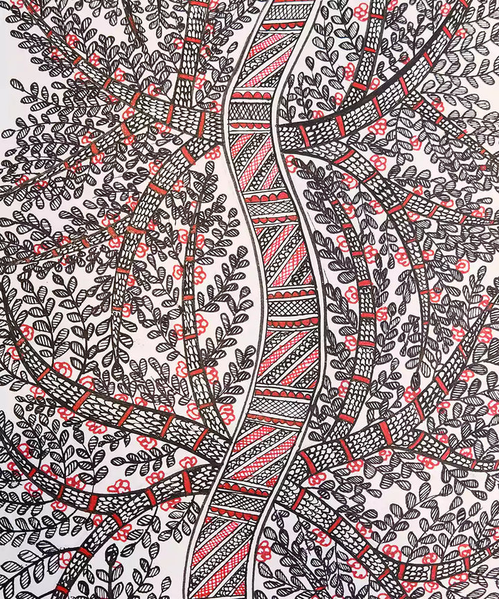 Madhubani Hand Painting on Paper | Tree | 8x30 Inches (Unframed) |SHOBITAM