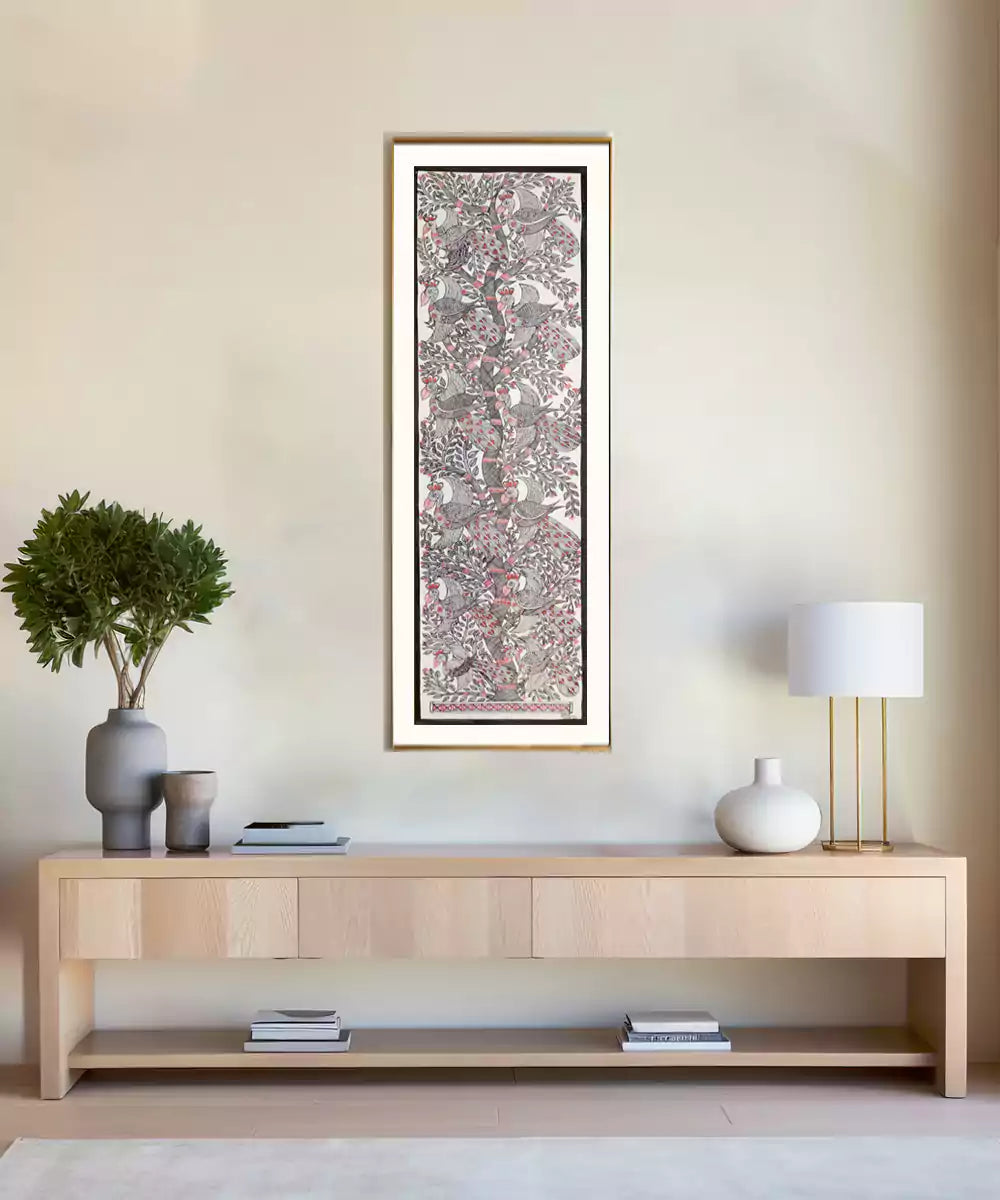 Madhubani Hand Painting on Paper | Tree with multiple birds | 8x30 Inches (Unframed) |SHOBITAM