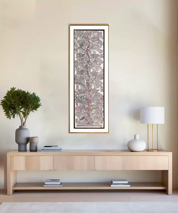Madhubani Hand Painting on Paper | Tree with multiple birds | 8x30 Inches (Unframed) |SHOBITAM