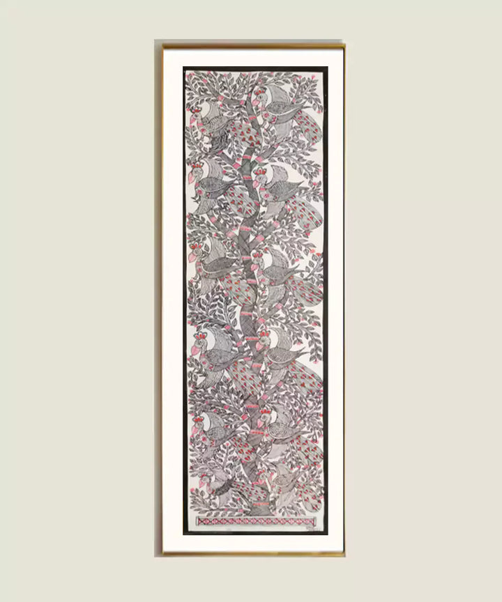 Madhubani Hand Painting on Paper | Tree with multiple birds | 8x30 Inches (Unframed) |SHOBITAM