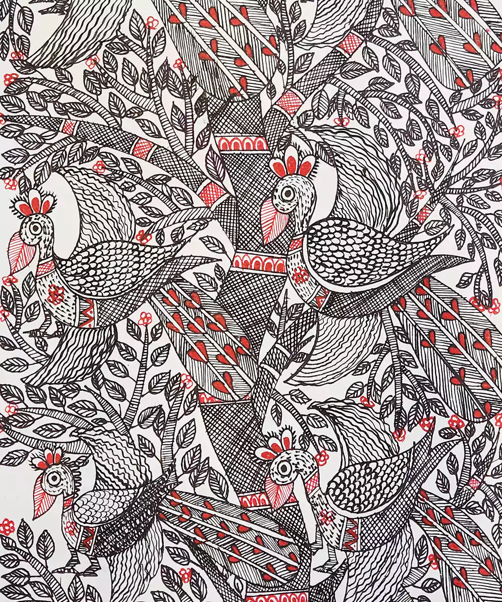 Madhubani Hand Painting on Paper | Tree with multiple birds | 8x30 Inches (Unframed) |SHOBITAM