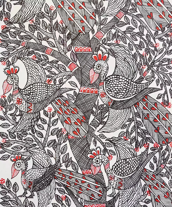 Madhubani Hand Painting on Paper | Tree with multiple birds | 8x30 Inches (Unframed) |SHOBITAM