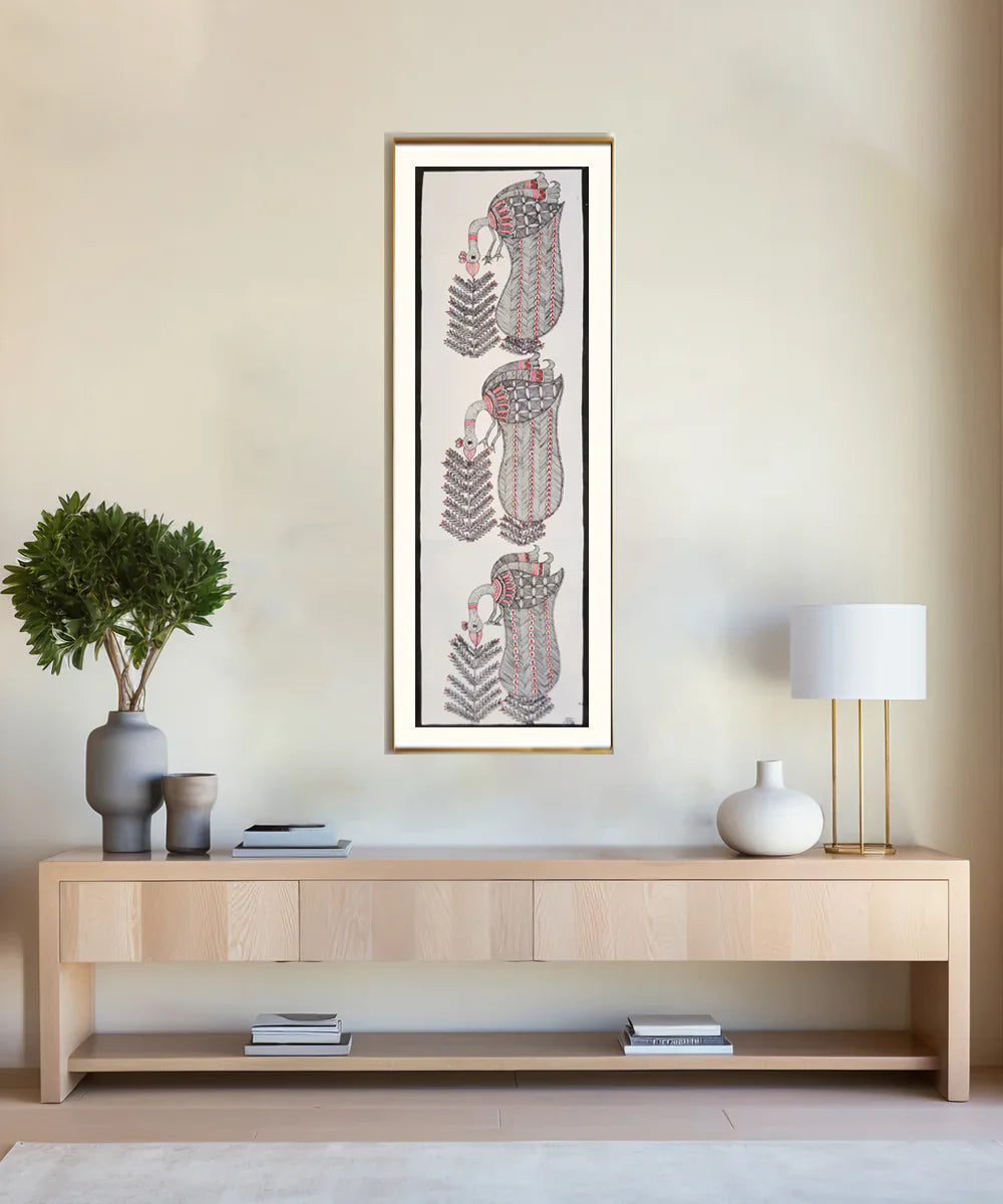 Madhubani Hand Painting on Paper | 3 birds | 8x30 Inches (Unframed) | SHOBITAM