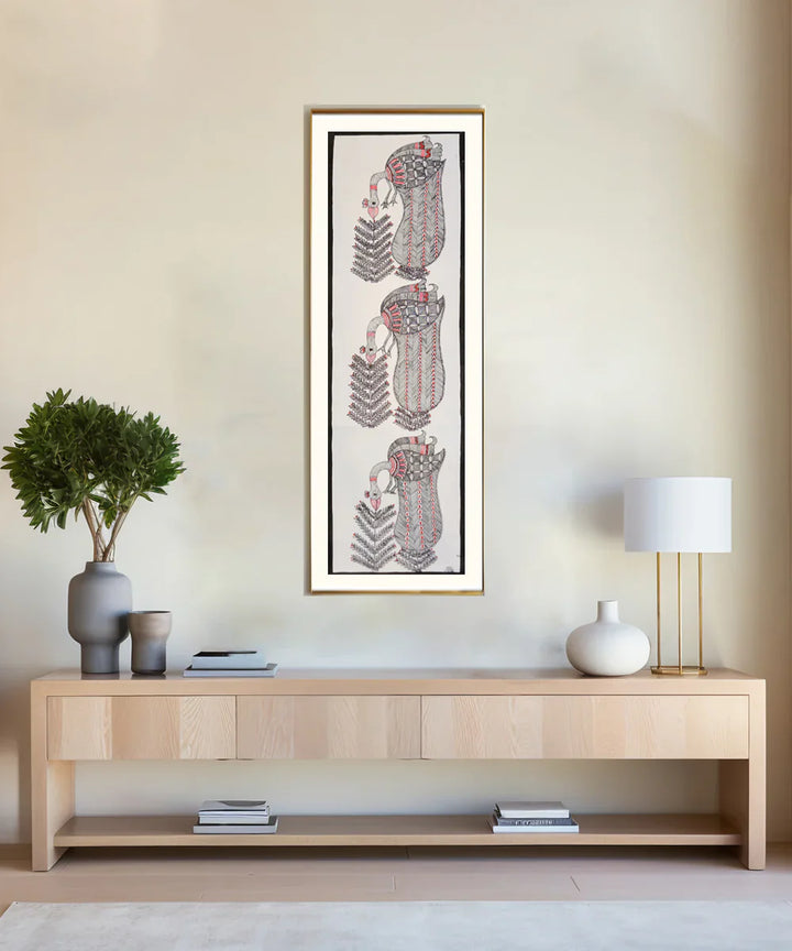 Madhubani Hand Painting on Paper | 3 birds | 8x30 Inches (Unframed) | SHOBITAM