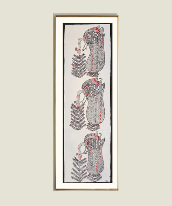 Madhubani Hand Painting on Paper | 3 birds | 8x30 Inches (Unframed) | SHOBITAM