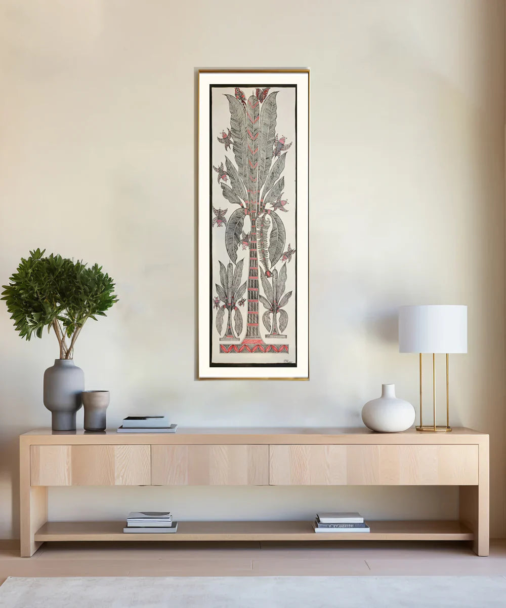 Madhubani Hand Painting on Paper | Banana Tree with Bees | 10x30 Inches (Unframed) | SHOBITAM