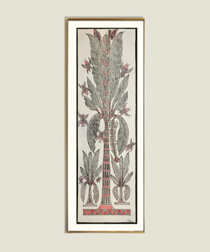 Madhubani Hand Painting on Paper | Banana Tree with Bees | 10x30 Inches (Unframed) | SHOBITAM