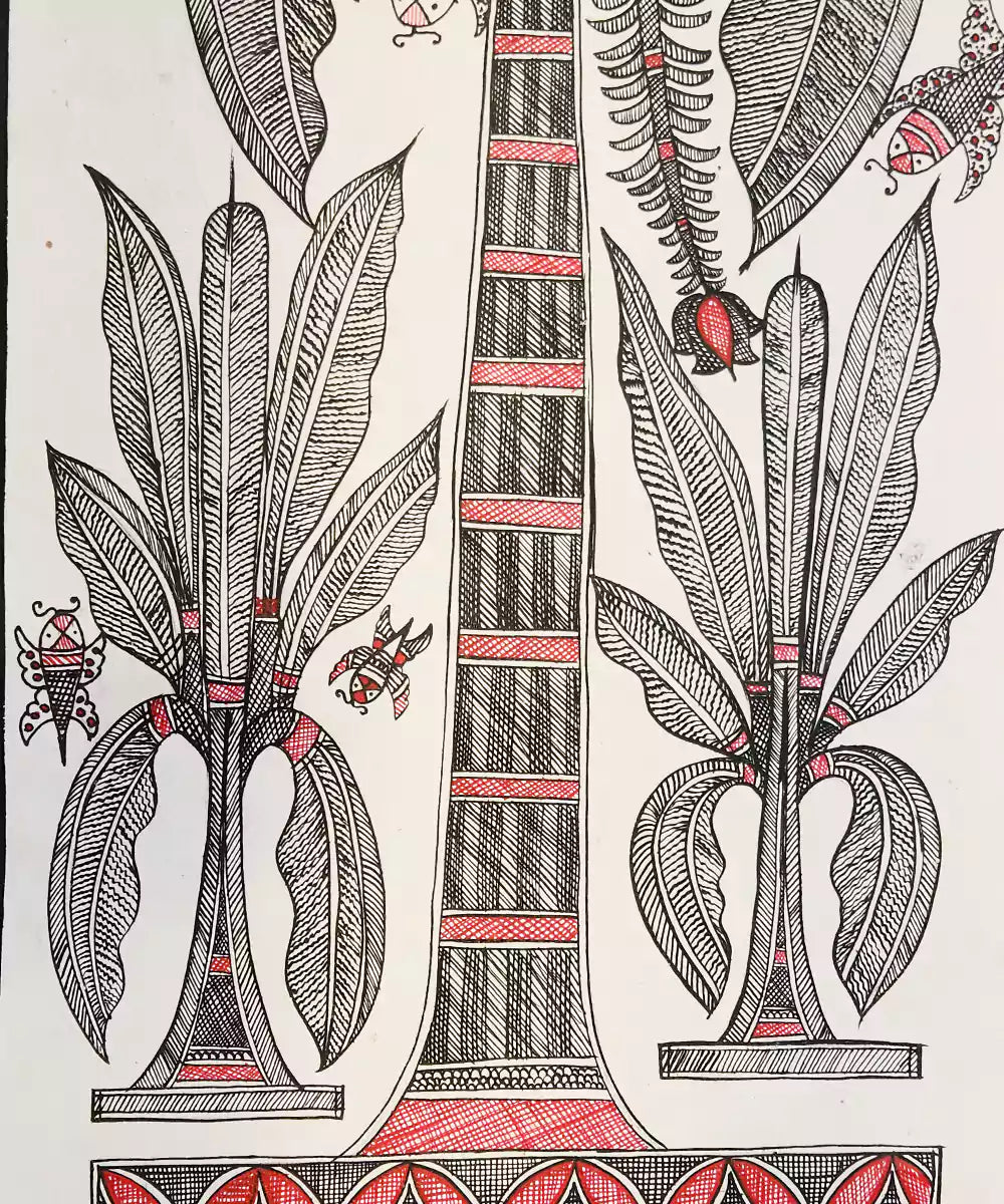 Madhubani Hand Painting on Paper | Banana Tree with Bees | 10x30 Inches (Unframed) | SHOBITAM