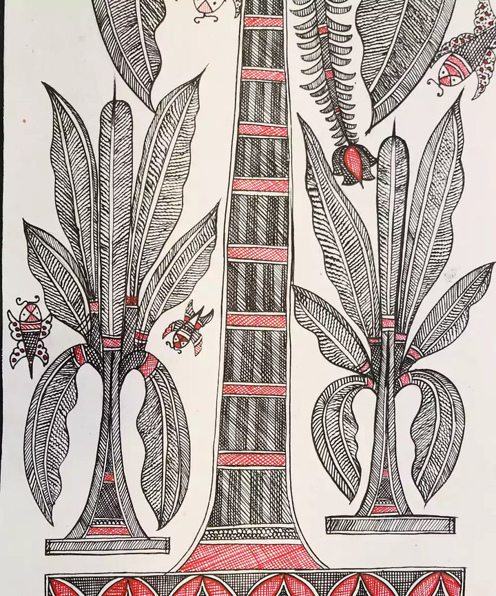 Madhubani Hand Painting on Paper | Banana Tree with Bees | 10x30 Inches (Unframed) | SHOBITAM