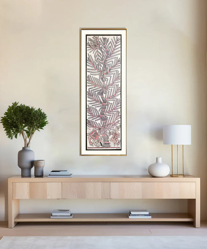 Madhubani Hand Painting on Paper | Tree with fishes | 10x30 Inches (Unframed) |SHOBITAM