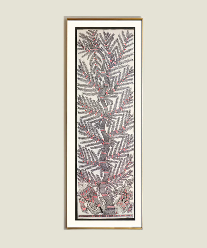 Madhubani Hand Painting on Paper | Tree with fishes | 10x30 Inches (Unframed) |SHOBITAM